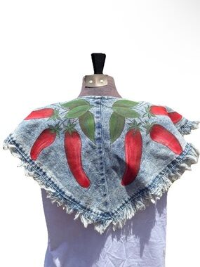Vtg 80s Hand Painted Red Chili Peppers Acid Wash Denim Scarf Wooden Clasp  Boho